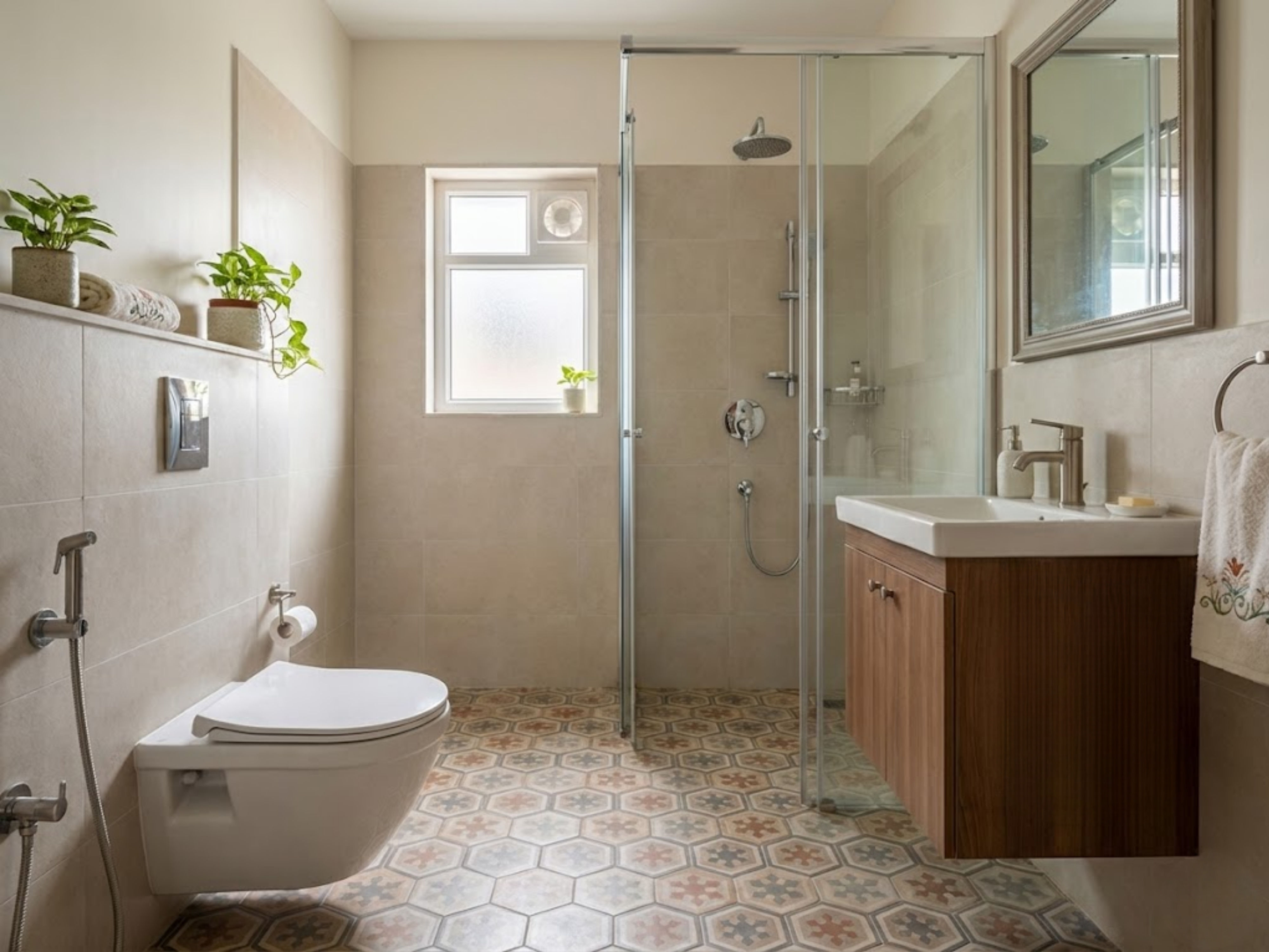 Bathroom with glass shower and wooden vanity - Beautiful Homes
