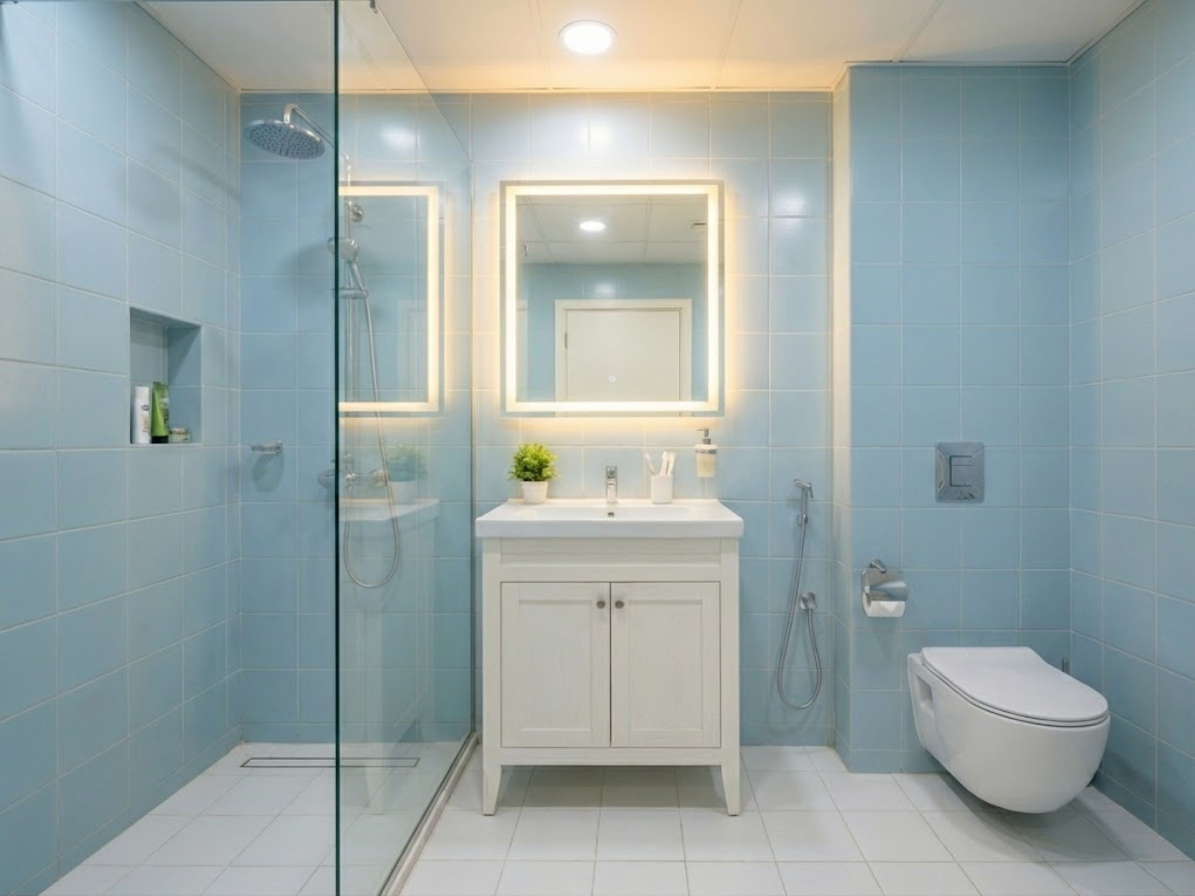 Bathroom with blue tiles and modern fixtures - Beautiful Homes
