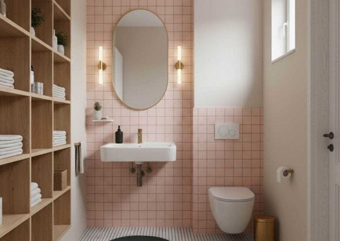 Bathroom with pink tiles, glass shower, and vanity - Beautiful Homes