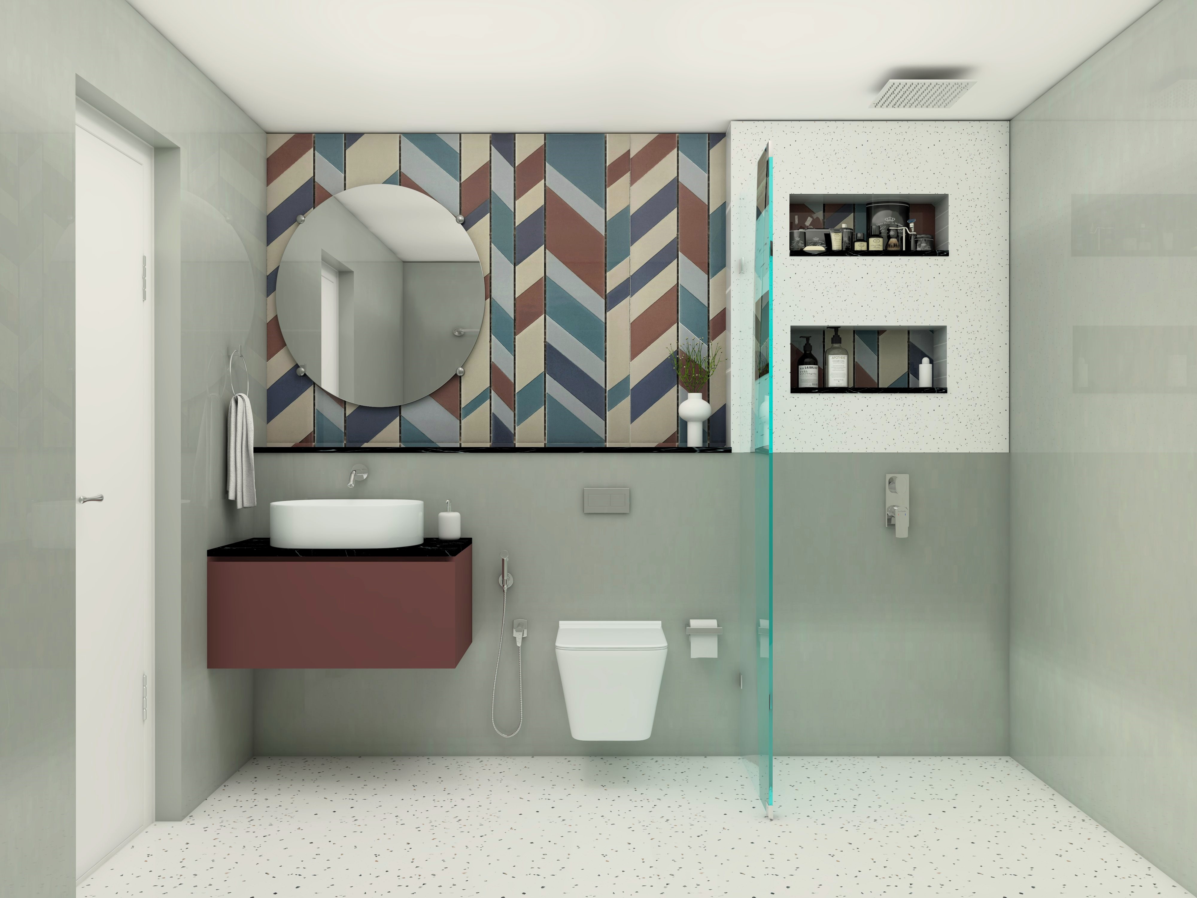 Small bathroom with terrazzo tiles and  patterned wall tiles-Beautiful Homes