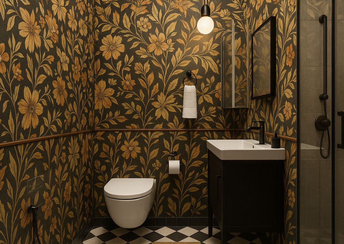 Bathroom with floral wallpaper and checkered tiles - Beautiful Homes