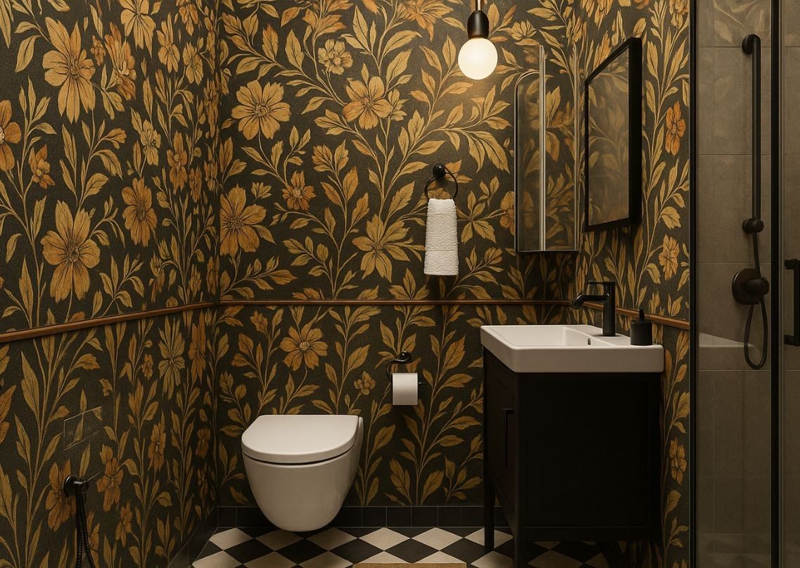 Bathroom with floral wallpaper and checkered tiles - Beautiful Homes