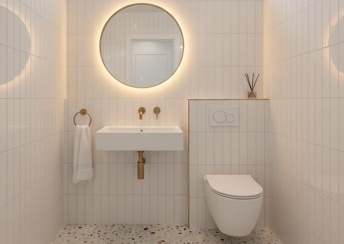 Minimalist bathroom with gold accents and terrazzo flooring - Beautiful Homes