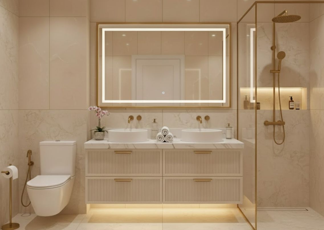 Luxury bathroom with gold fixtures and marble vanity - Beautiful Homes