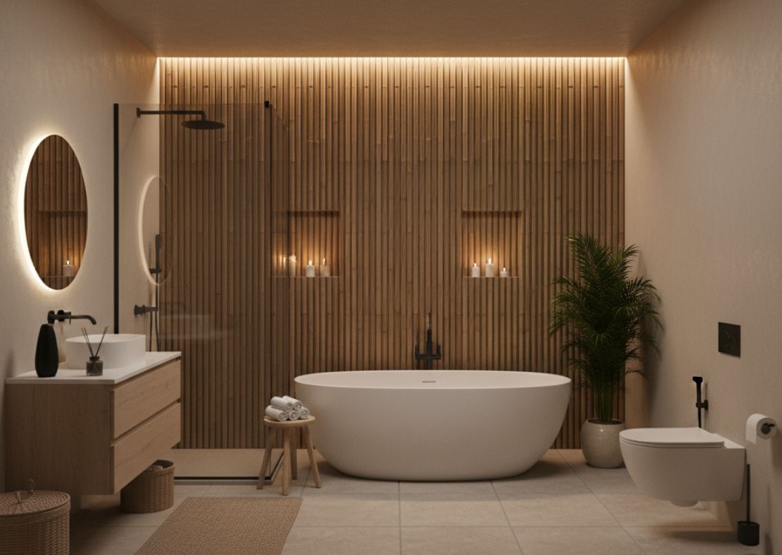 Bathroom with wooden panels and freestanding bathtub - Beautiful Homes