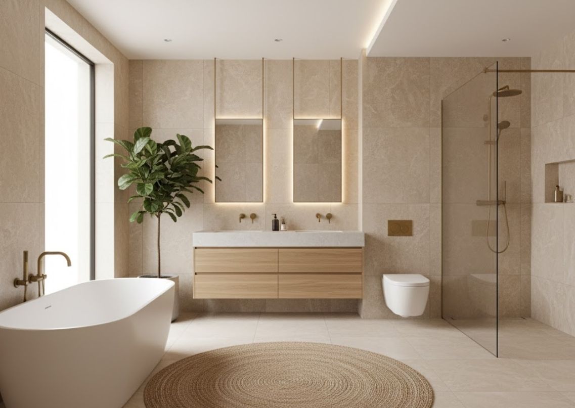 Luxury bathroom with beige tiles and wooden accents - Beautiful Homes
