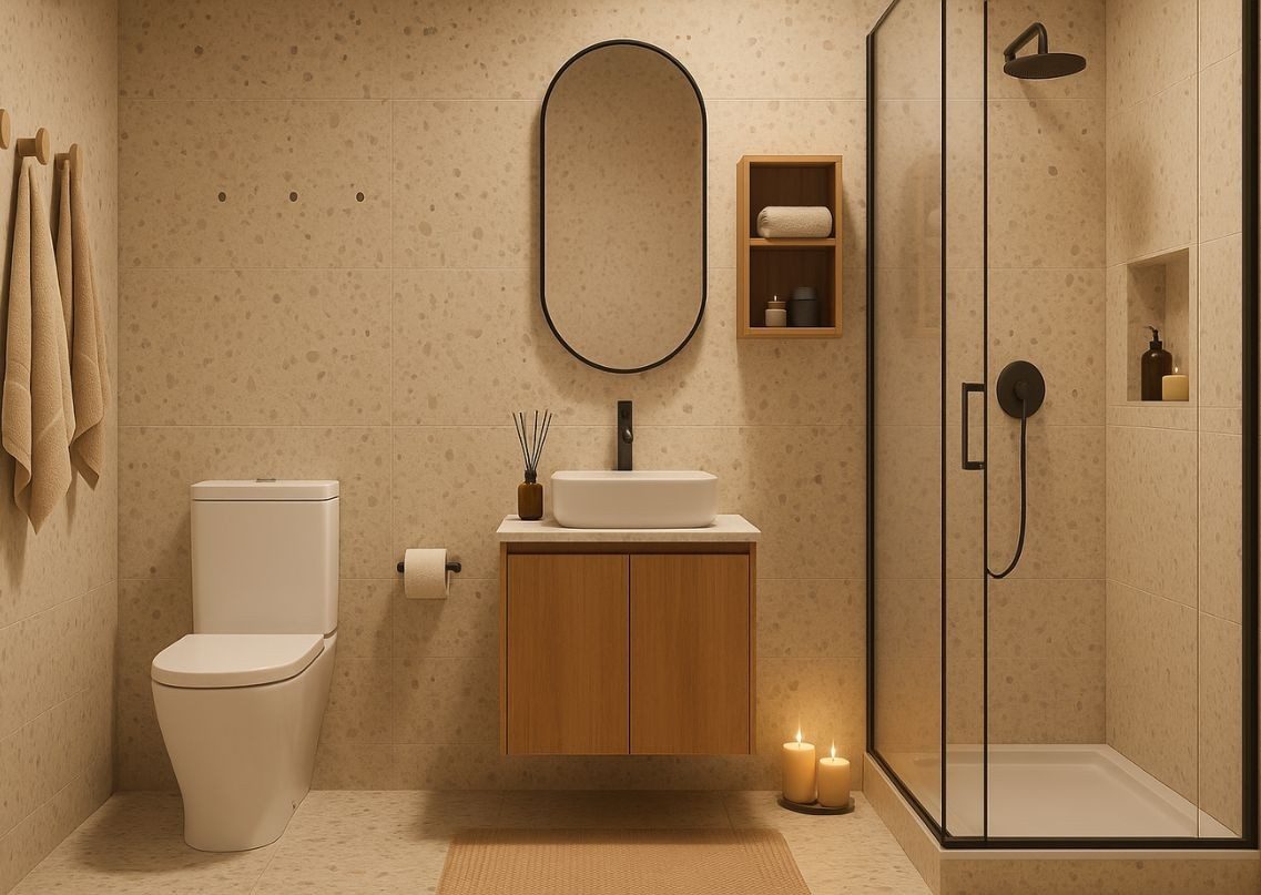 Modern bathroom with wooden vanity and glass shower - Beautiful Homes