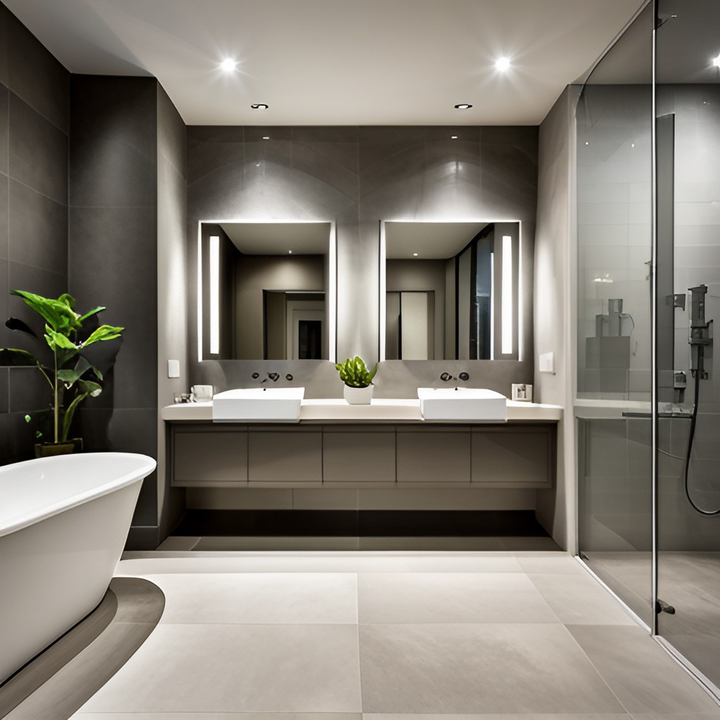 Grey bathroom with white bathtub-BeautifulHomes
