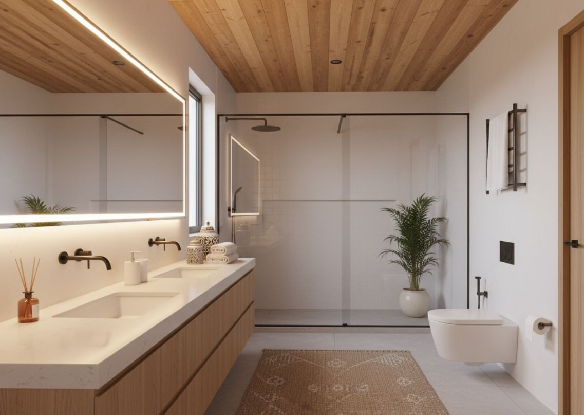 Minimal bathroom with wooden ceiling and modern features - Beautiful Homes