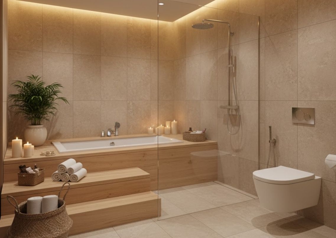 Luxury bathroom with marble design and gold accents - Beautiful Homes