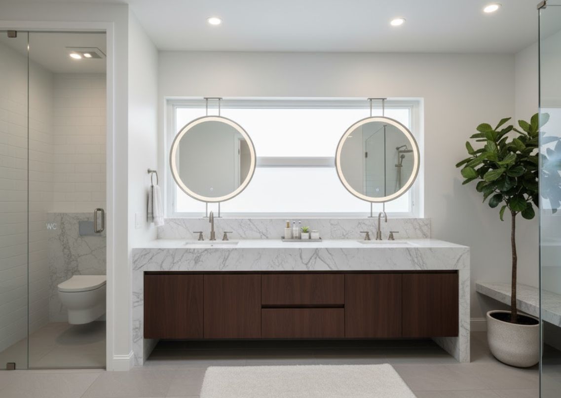Modern bathroom with freestanding tub, wooden vanity, and shower - Beautiful Homes