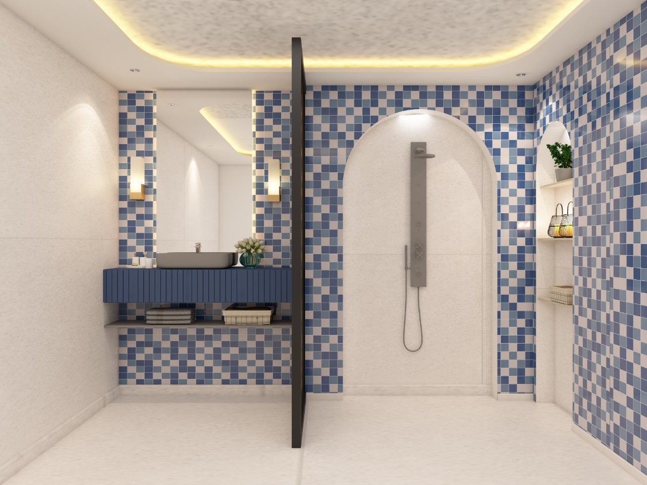 Modern bathroom with blue tiles and shower - Beautiful Homes