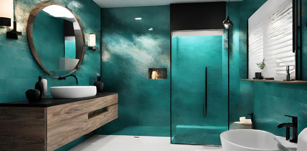 Teal bathroom with wooden wall mounted vanity-Beautiful Homes