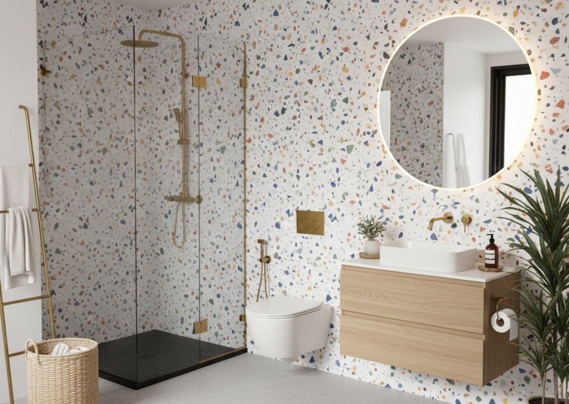 Terrazzo tile bathroom with gold fittings and décor - Beautiful Homes