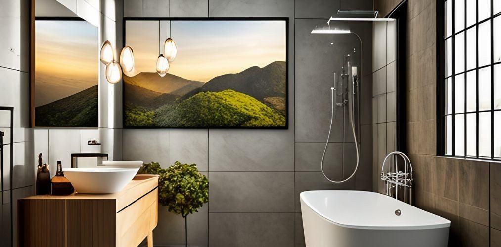 Grey tiled bathroom walls with bath tub and wooden basin cabinet-Beautiful Homes