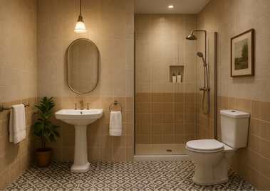 Beige bathroom with patterned tiles and shower - Beautiful Homes
