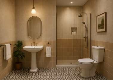 Beige bathroom with patterned tiles and shower - Beautiful Homes