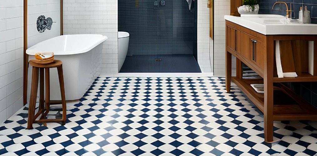 Traditional style bathroom with unique tilework in white and blue-Beautiful Homes