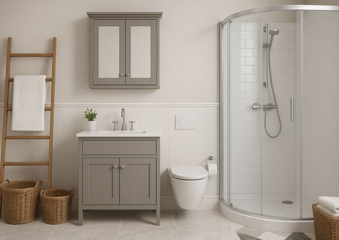 Stylish bathroom with vanity and shower - Beautiful Homes