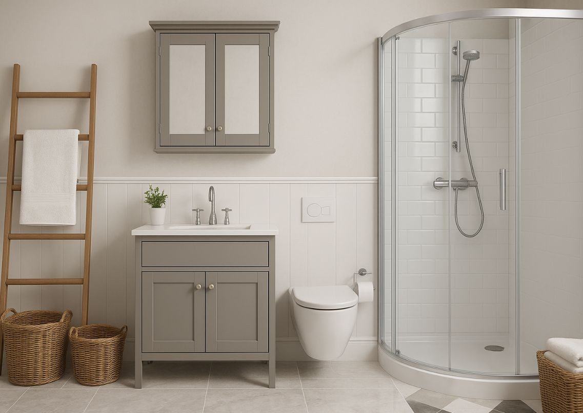 Stylish bathroom with vanity and shower - Beautiful Homes