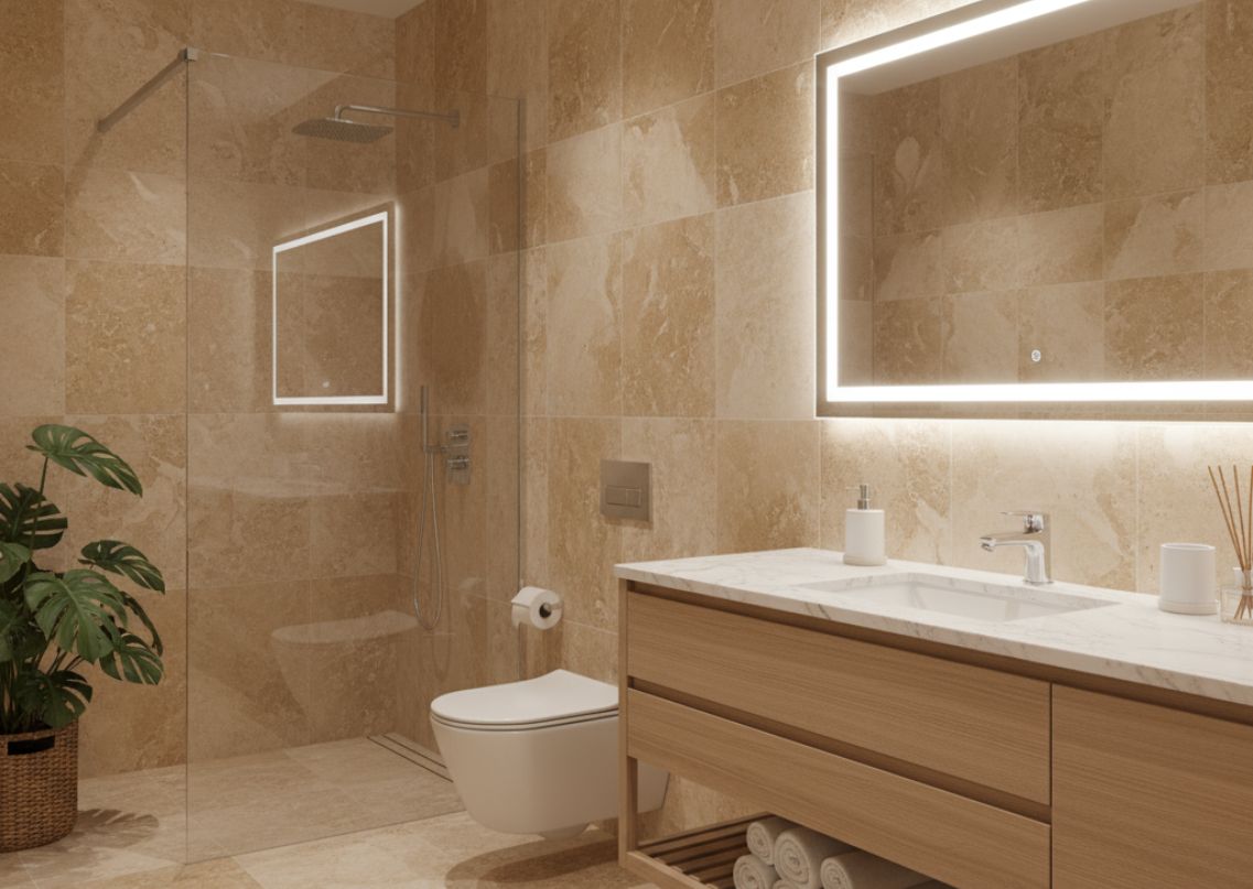 Modern beige bathroom with mirror and shower enclosure - Beautiful Homes