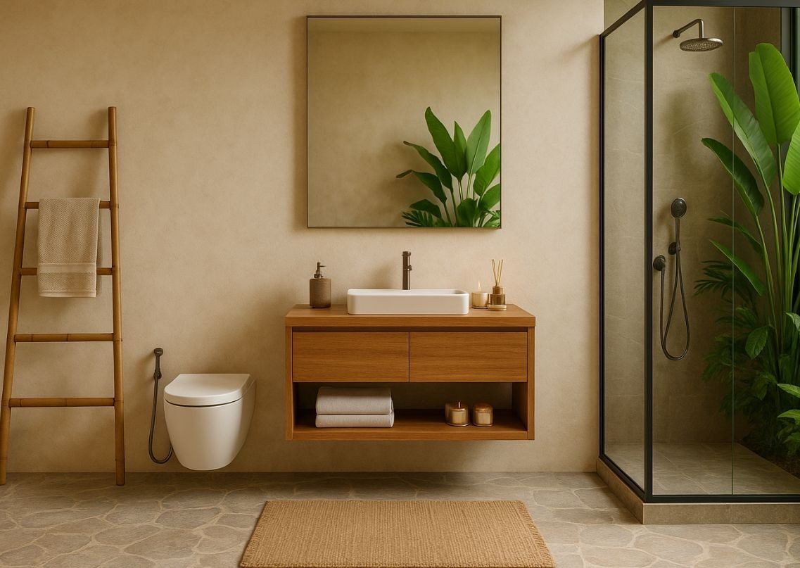 Modern bathroom with wooden vanity and greenery - Beautiful Homes