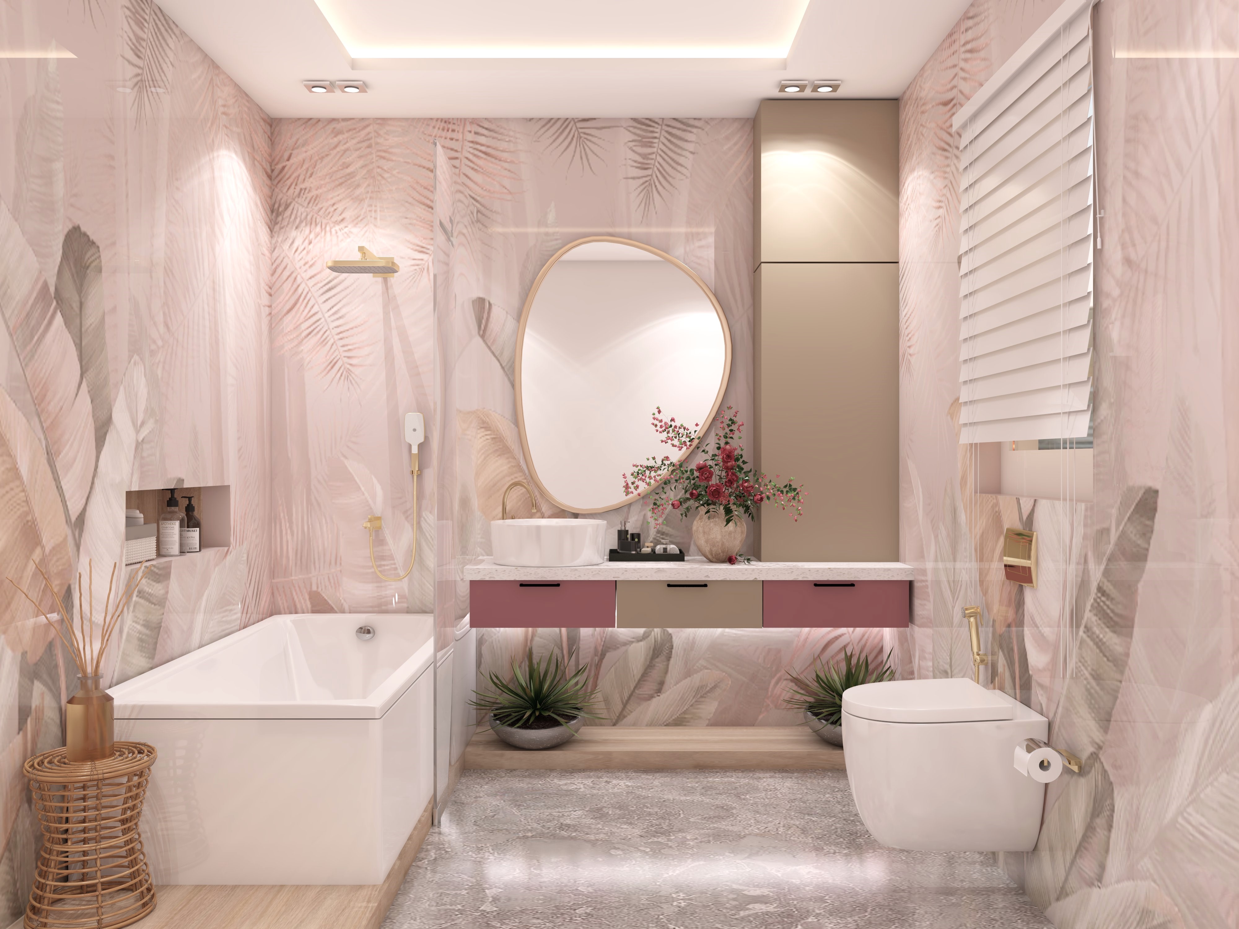 Modern bathroom with floral tiles and round mirror - Beautiful Homes
