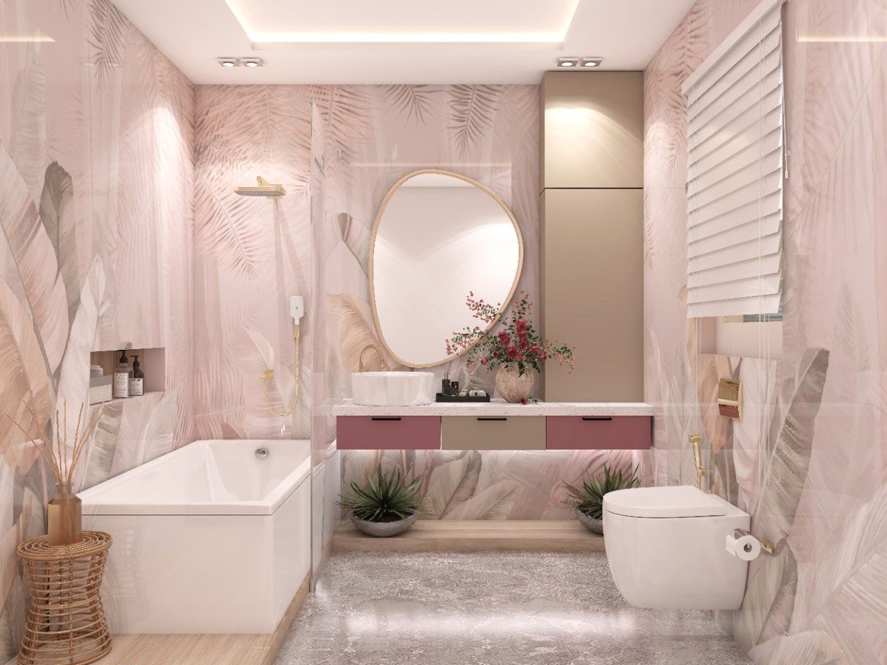 Modern bathroom with floral tiles and round mirror - Beautiful Homes