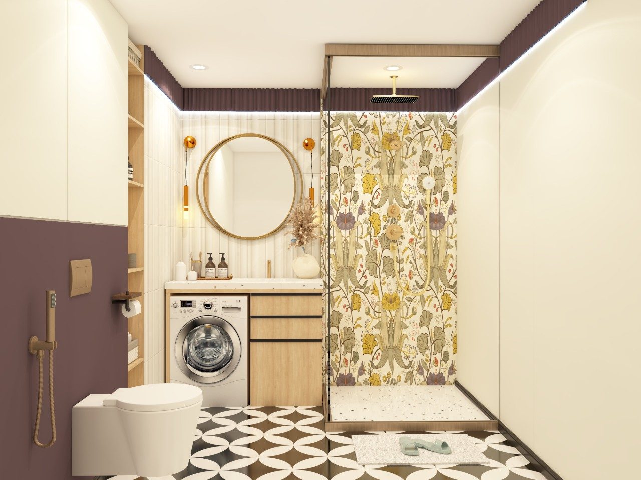 Vibrant Bathroom with Asian Paints Floral Wallpaper Tile and Wooden Vanity Unit - Beautiful Homes