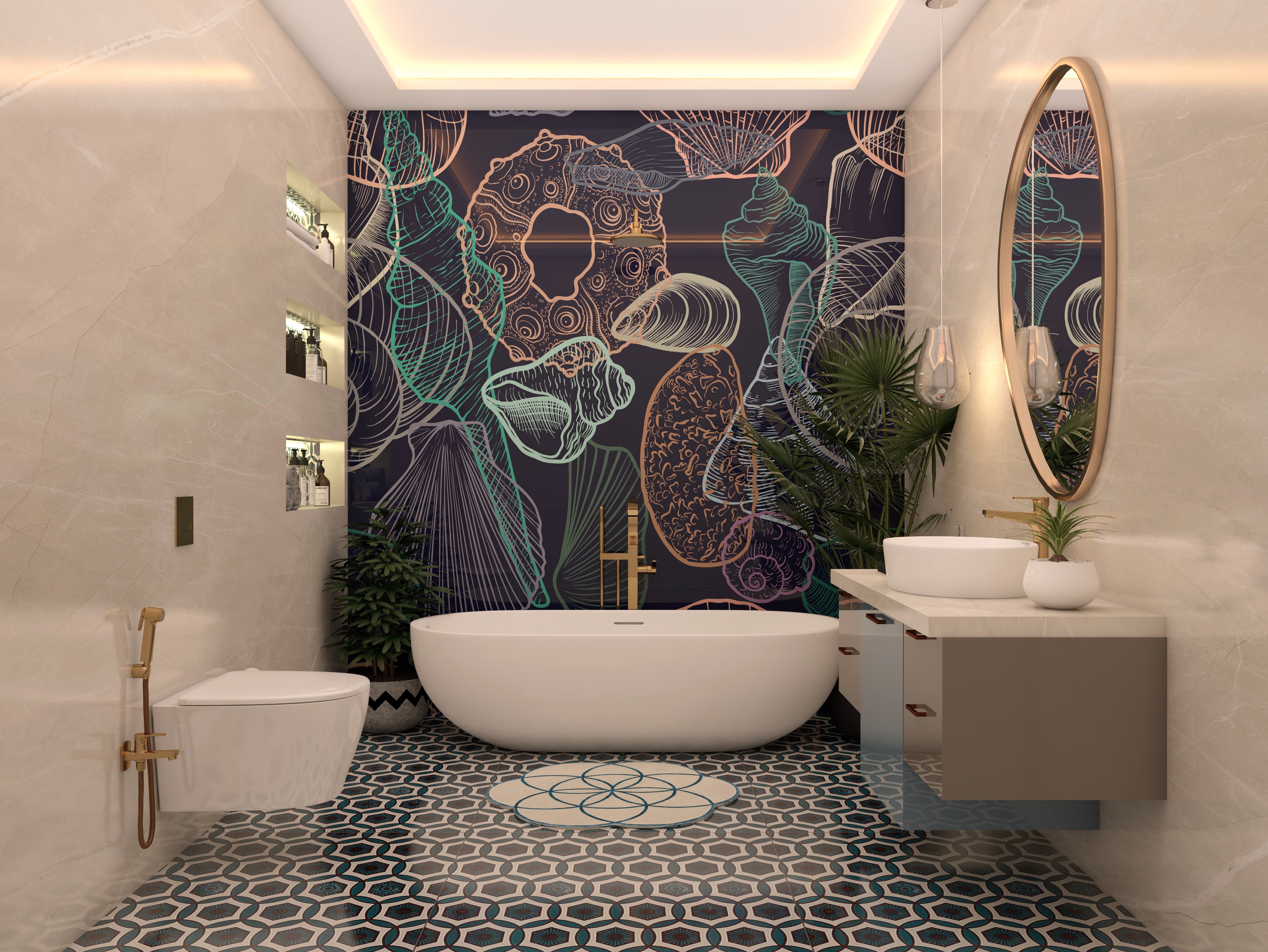 Vibrant Bathroom with Asian Paints Wallpaper Tile and Marble Vanity Unit - Beautiful Homes