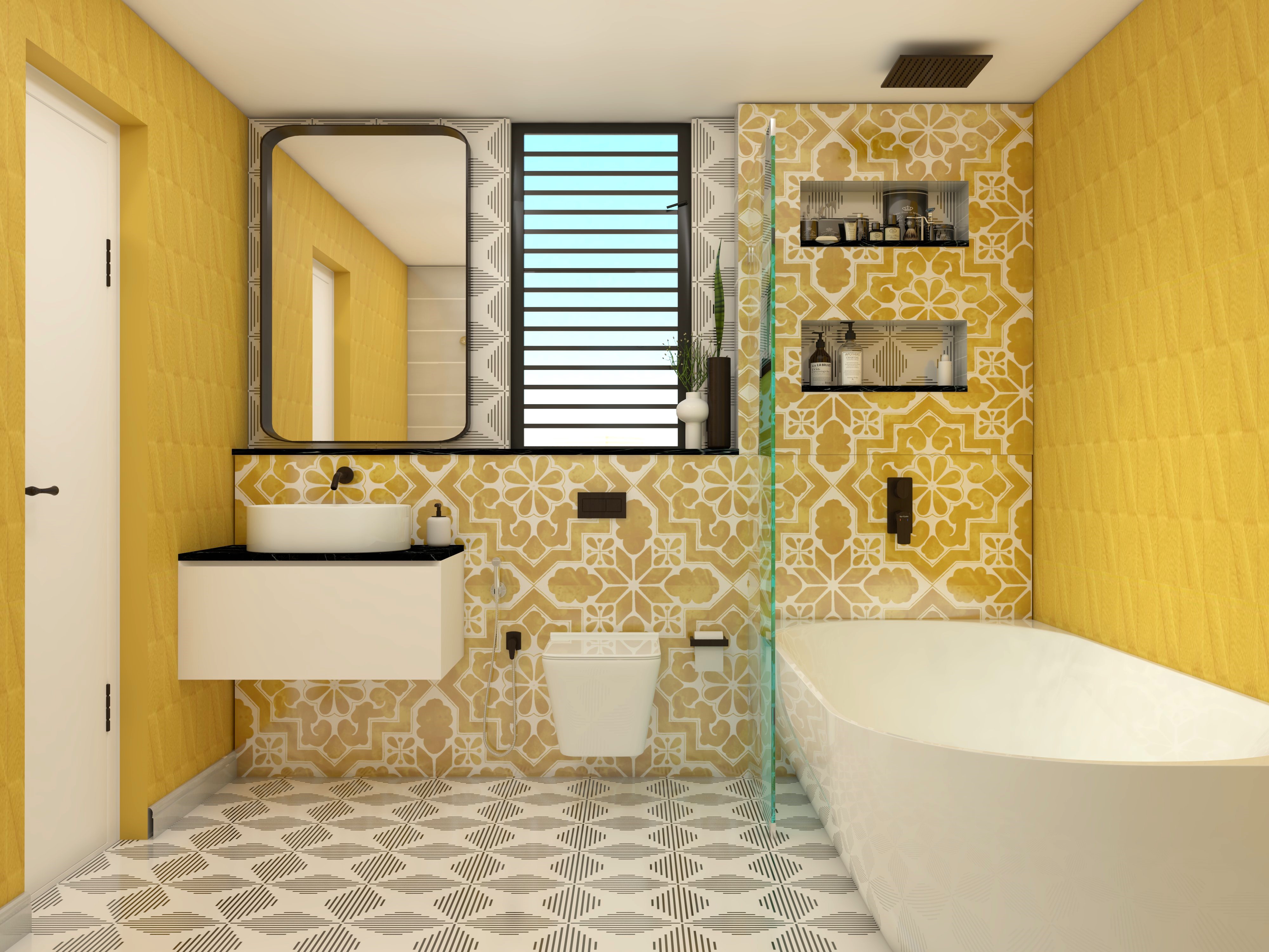 Vibrant bohemian bathroom with bathtub and wall niche-Beautiful Homes