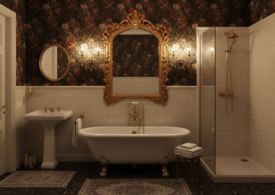 Vintage bathroom with clawfoot tub and gold accents - Beautiful Homes