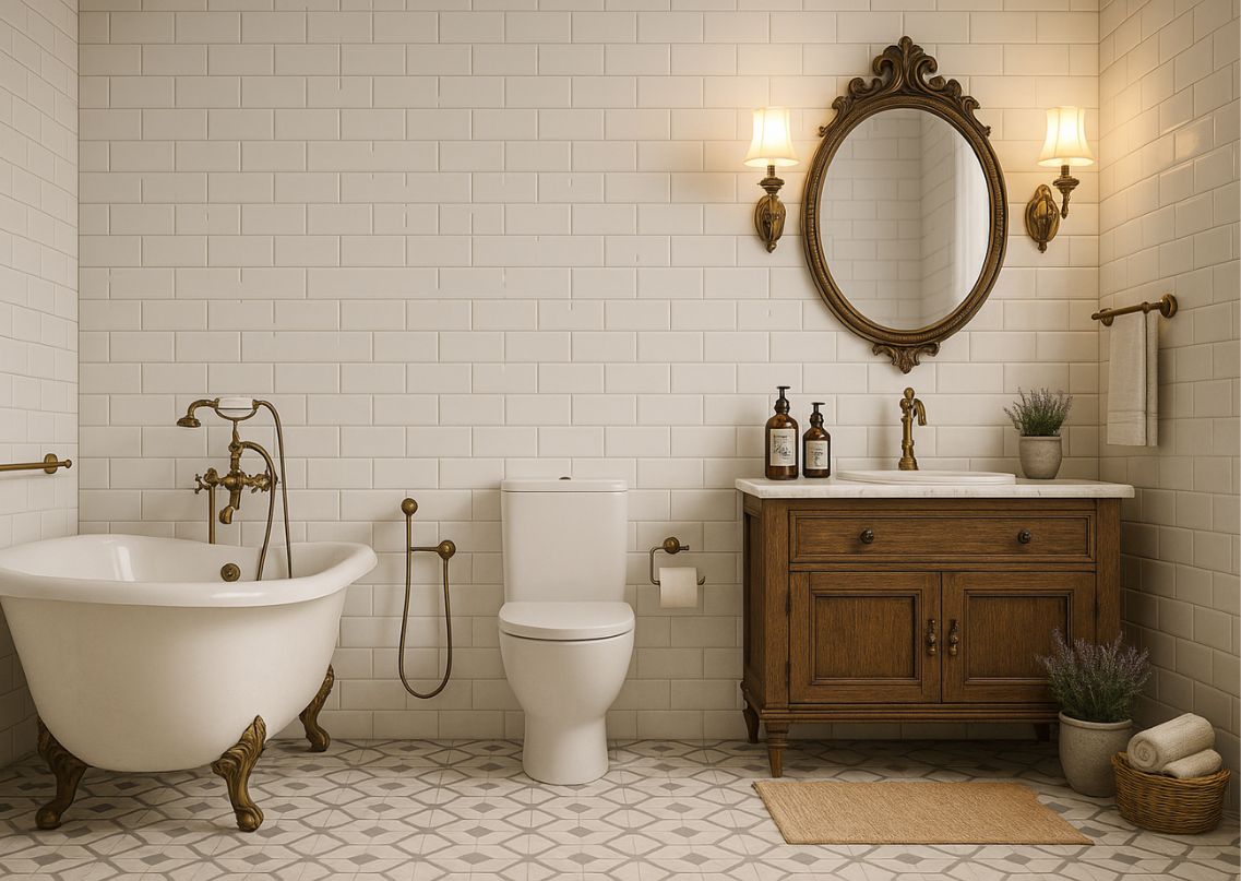 Vintage bathroom with clawfoot tub and ornate mirror - Beautiful Homes