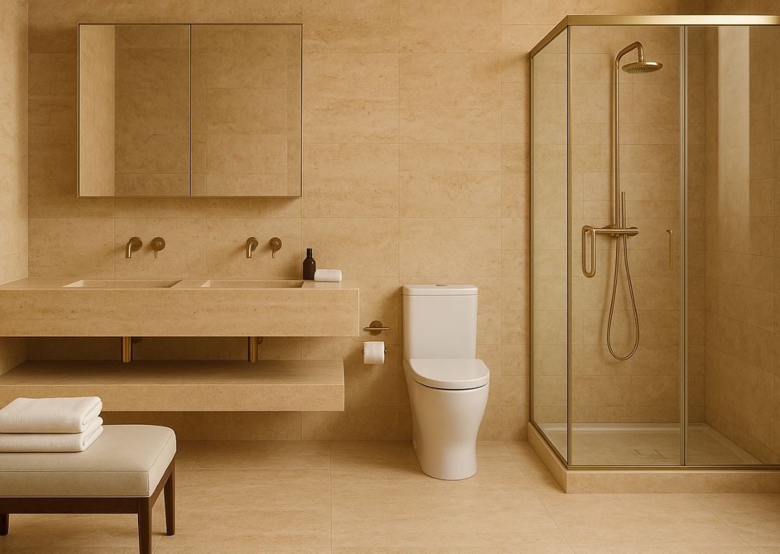 Modern beige bathroom with glass shower enclosure - Beautiful Homes