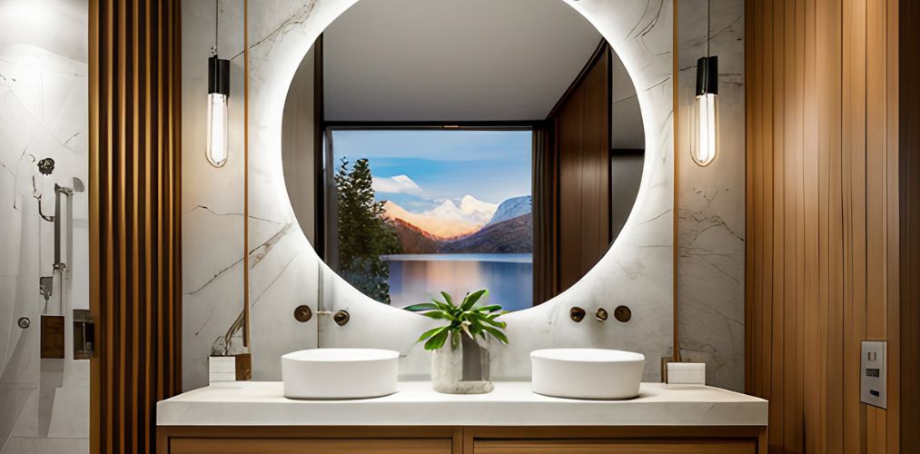 White wash basin with led mirror and wooden vanity-Beautiful Homes