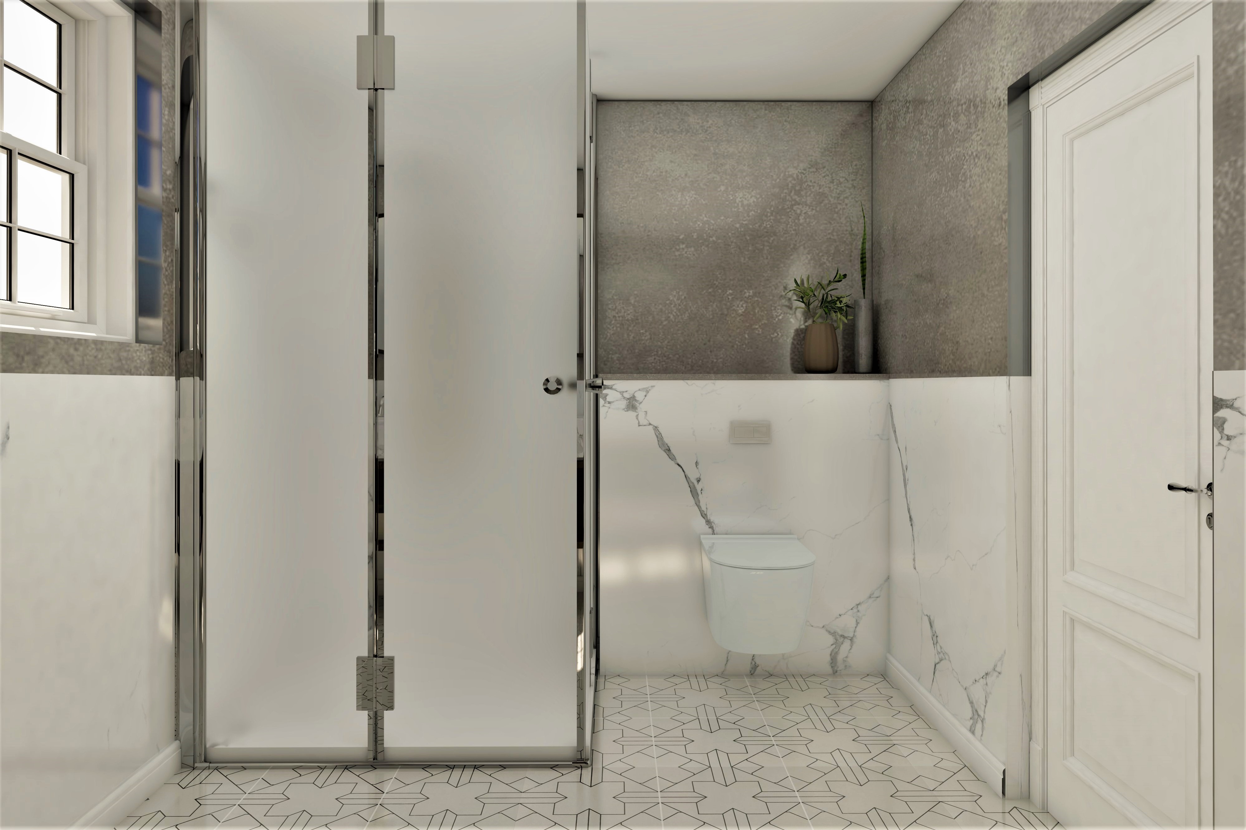 White bathroom with shower panel and grey ceramic wall tiles-Beautiful Homes