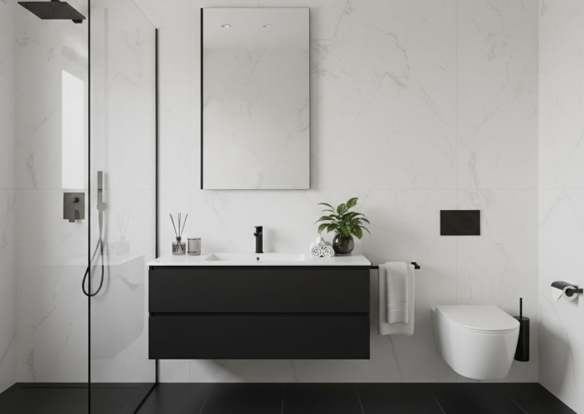 Modern bathroom with matte black vanity and fixtures - Beautiful Homes