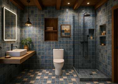 Bathroom with blue tiles and wooden accents - Beautiful Homes