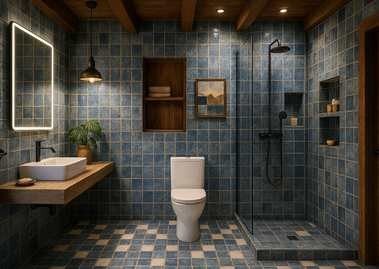 Bathroom with blue tiles and wooden accents - Beautiful Homes