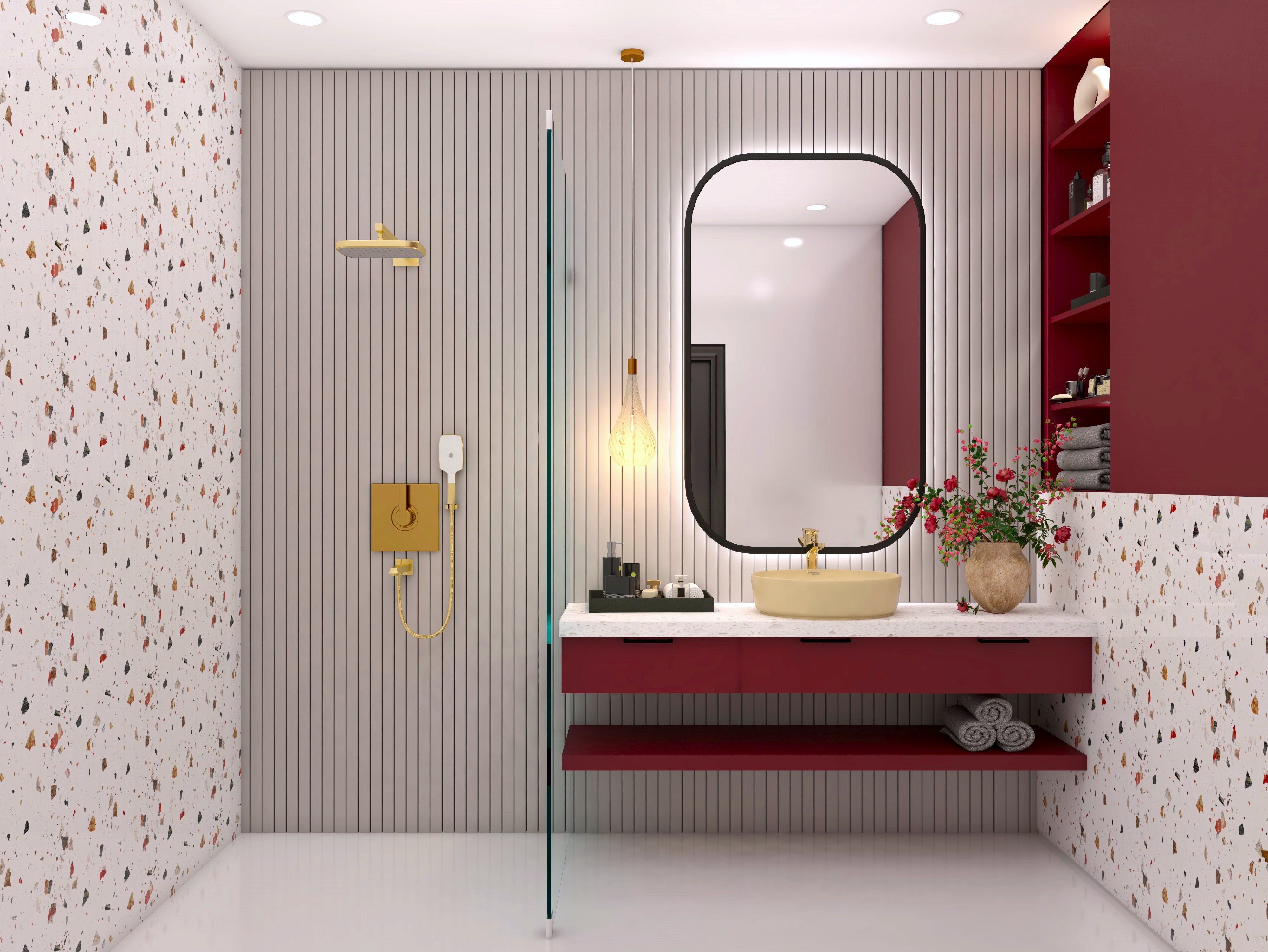 White and red bathroom with fluted paneling - Beautiful Homes