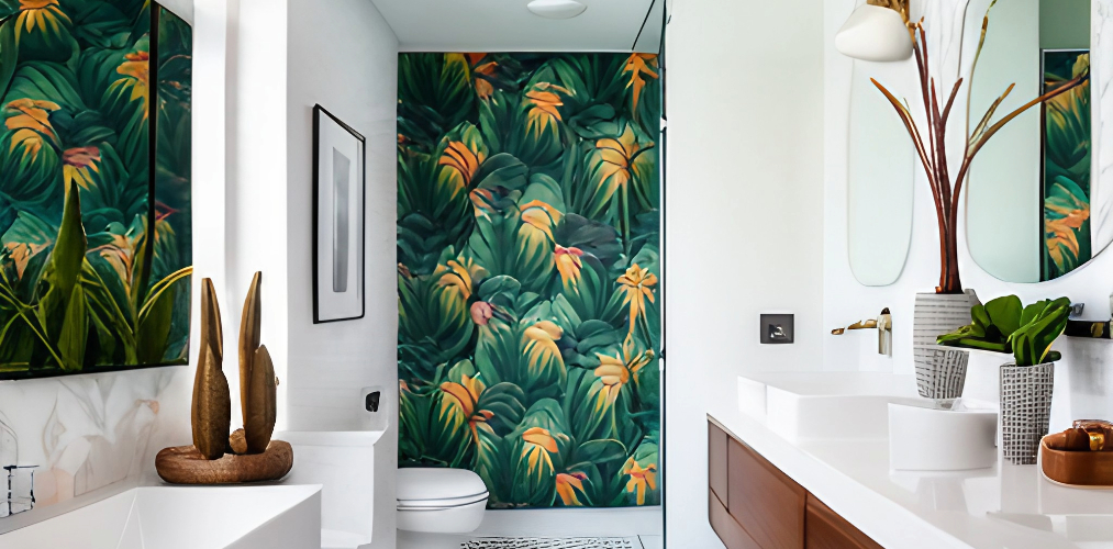 White bathroom with a tropical wallpaper-Beautiful Homes