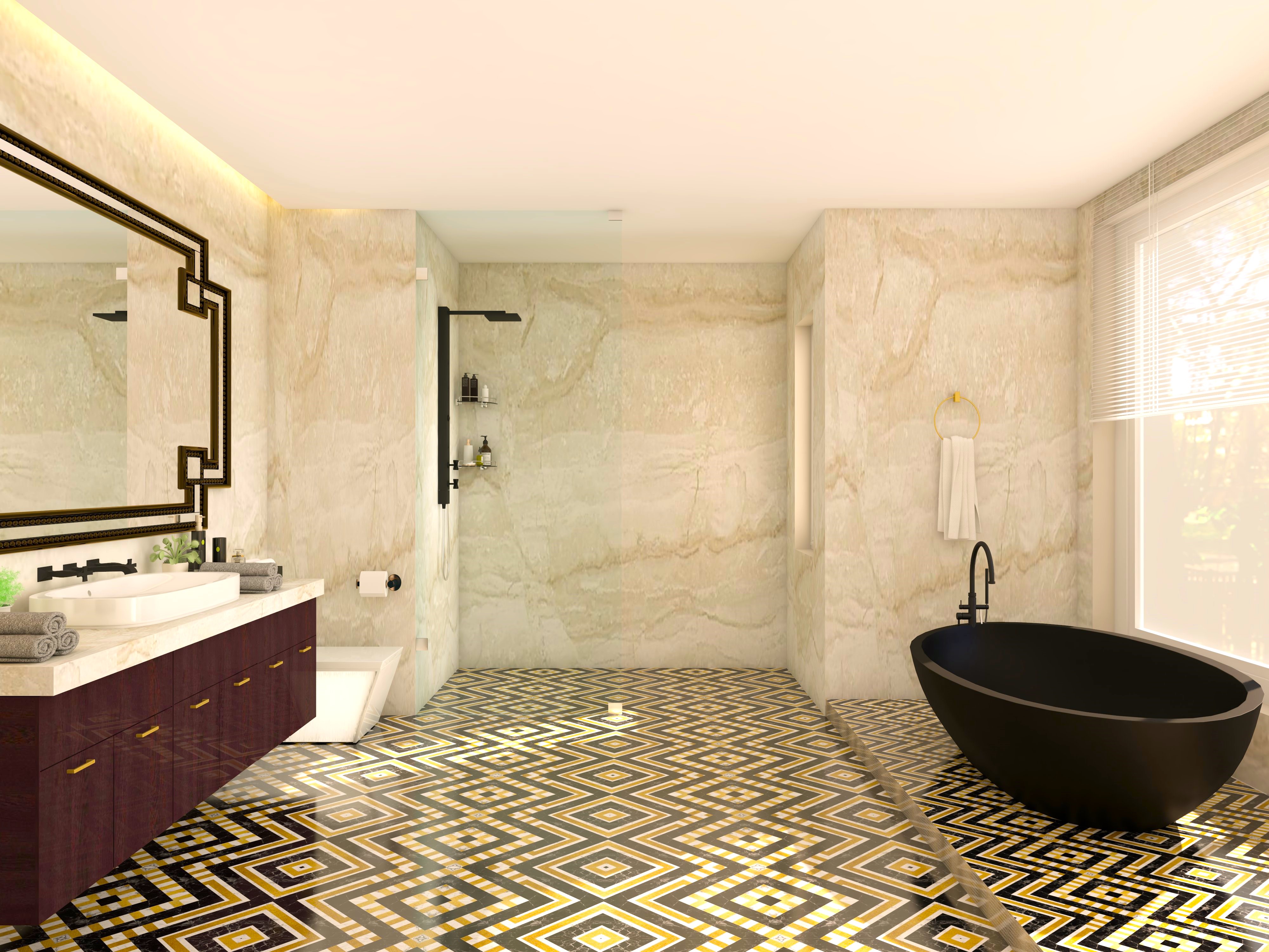 White marble bathroom with patterned tiles and black bathtub