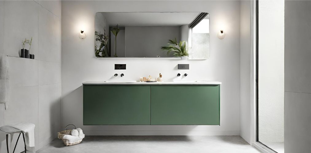 White simple bathroom with green vanity unit-Beautiful Homes
