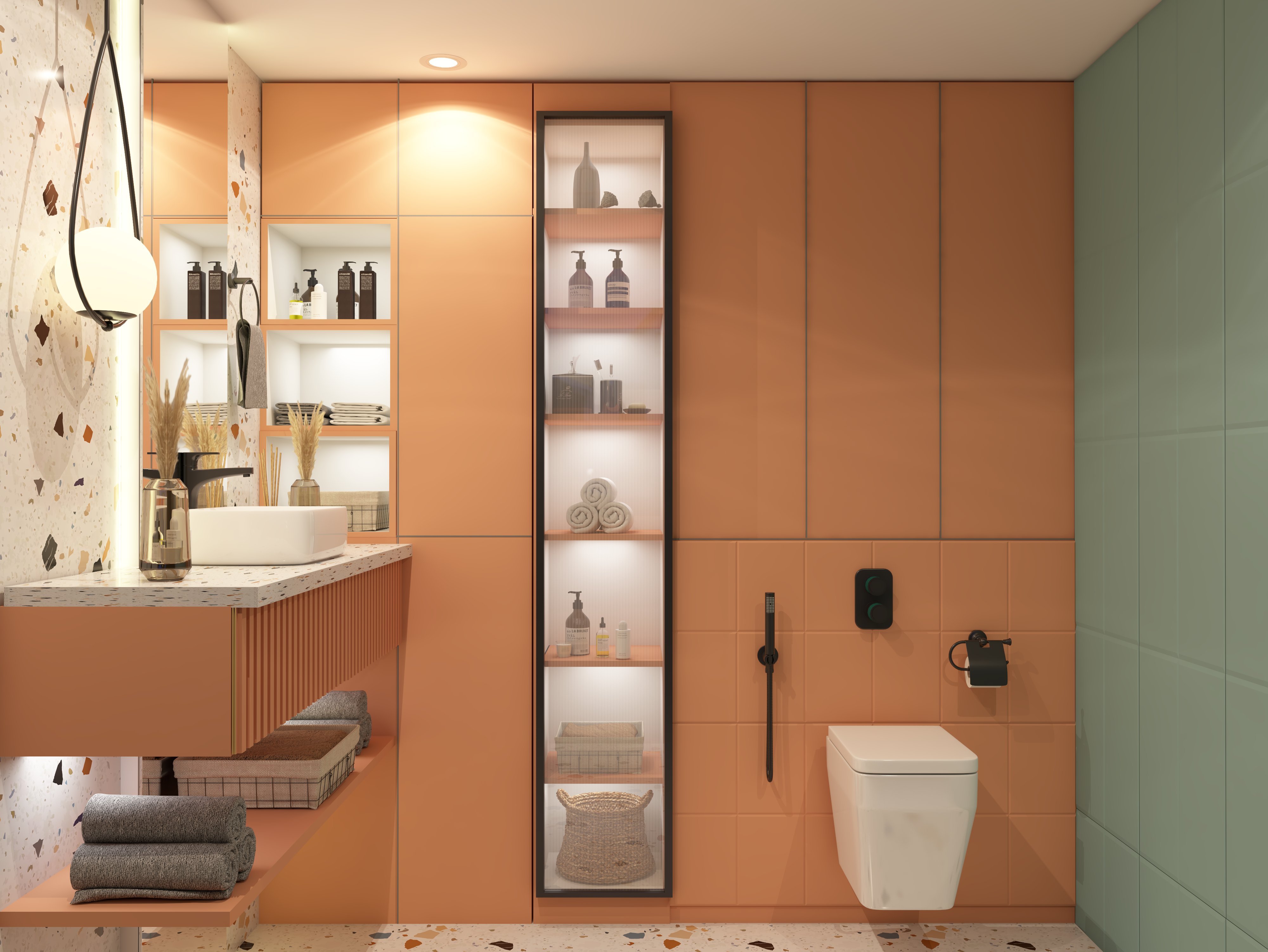 Zesty Orange Bath Design with Smart Storage for a Fresh, Organized Space - Beautiful Homes