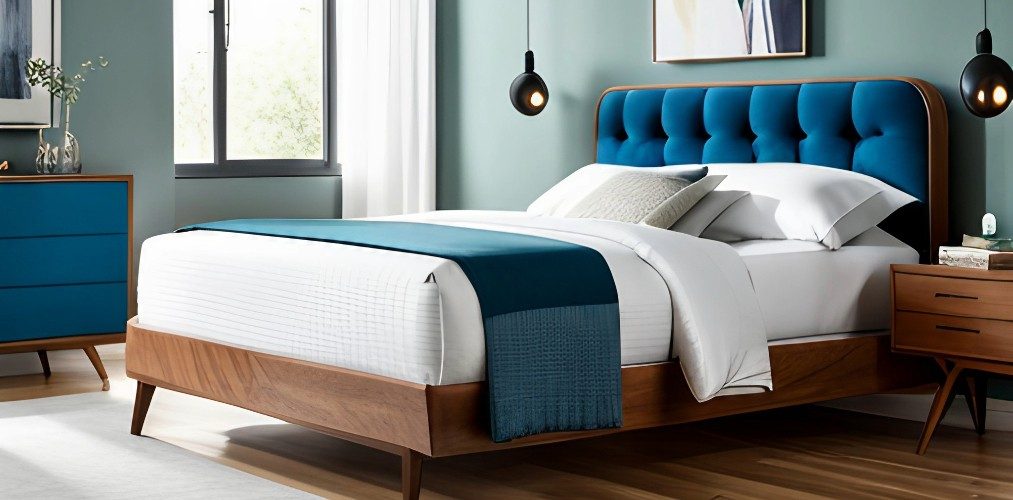 Bed design for home with blue headboard and wooden frame-Beautiful Homes