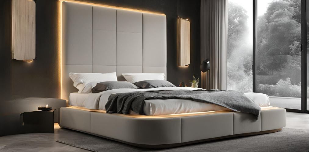 Bed design with beige upholstery and in-built profile lighting - Beautiful Homes