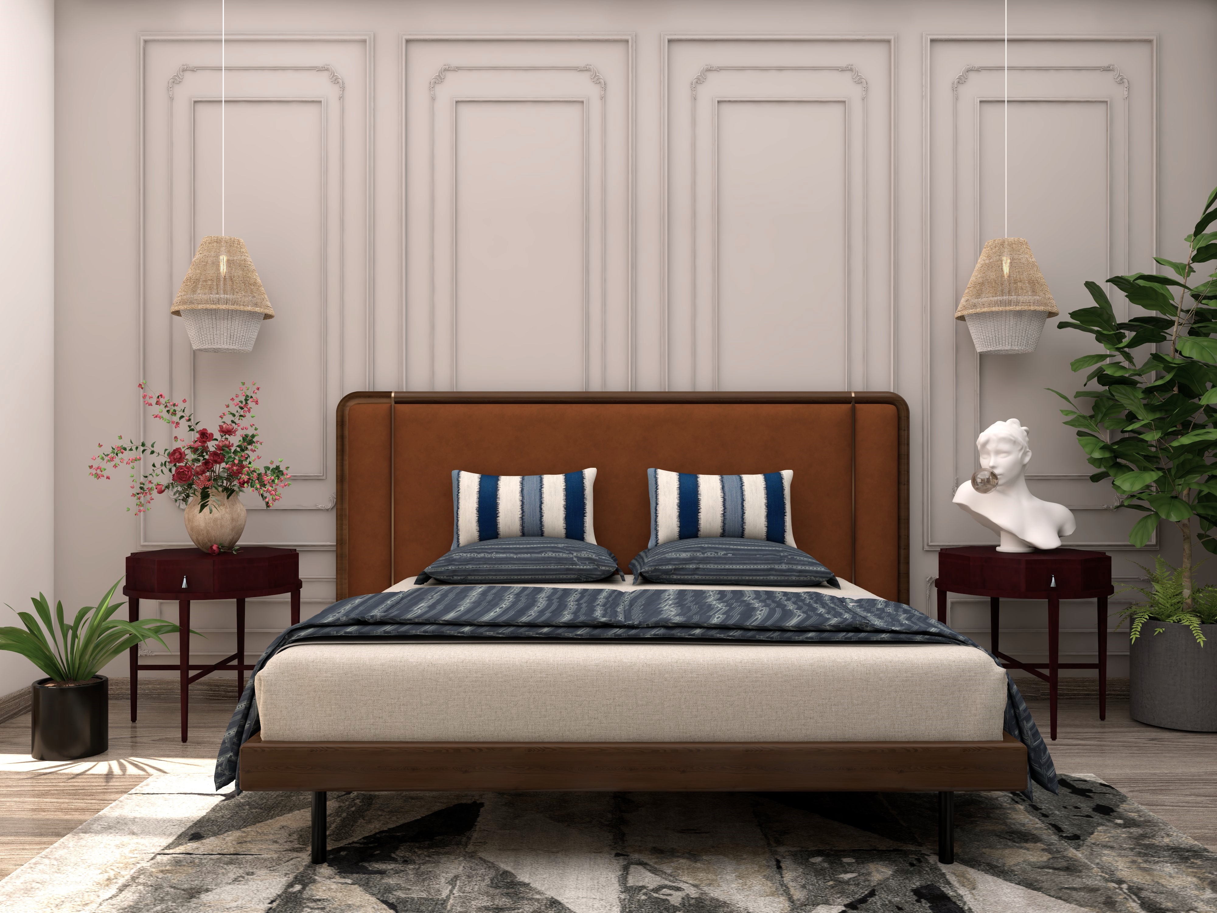 Bed design with Nilaya Luxe solid wood bed and leather headboard in wooden framework - Beautiful Homes