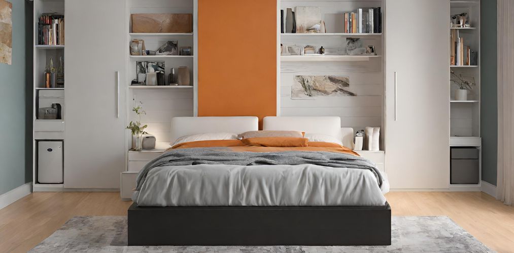 Bed design with white headboard and orange accents-Beautiful Homes