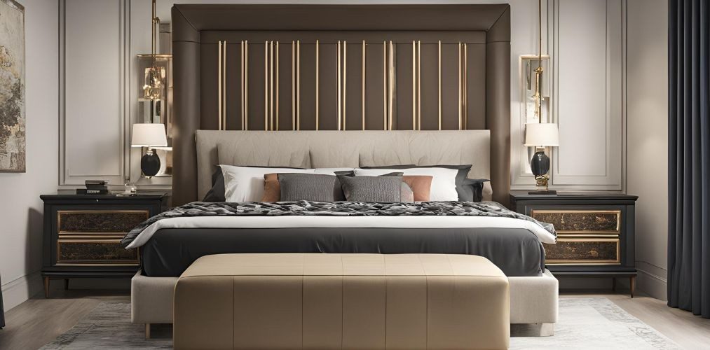 Beige and brown upholstered bed panel for guest bedroom - Beautiful Homes