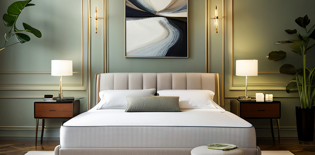 Beige headboard bed design with green wall paneling for a modern bedroom-Beautiful Homes